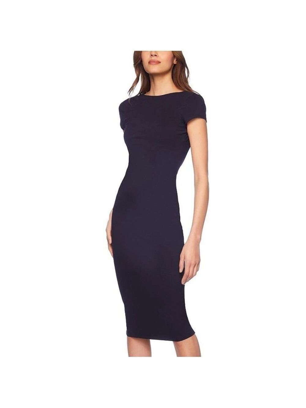 Susana Monaco Boatneck Midnight Blue Bodycon Midi Dress L NWT